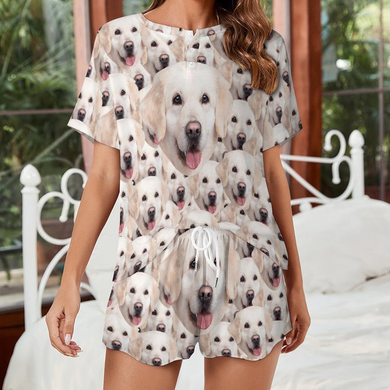Custom Face Lovely Pet Seamless Print Pajama Set Women's Short Sleeve Top and Shorts Loungewear Athletic Tracksuits