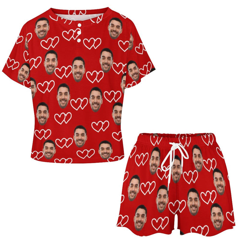 Custom Face White Line Heart Red Print Pajama Set Women's Short Sleeve Top and Shorts Loungewear Athletic Tracksuits