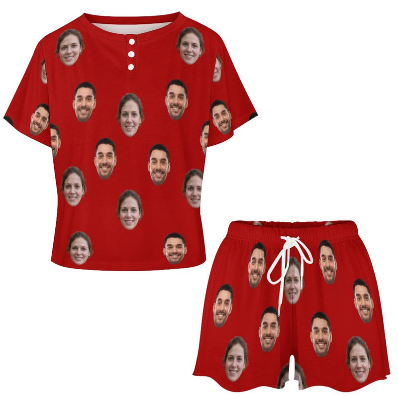 Custom Face Couple Red Print Pajama Set Women's Short Sleeve Top and Shorts Loungewear Athletic Tracksuits