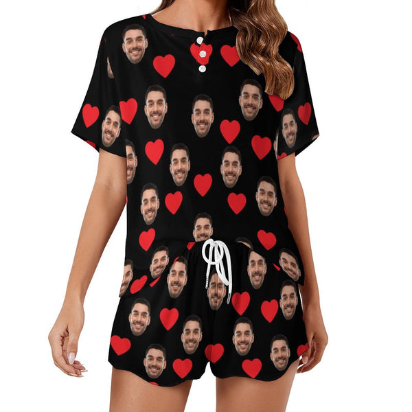 Custom Face Your Lover&Heart Print Pajama Set Women's Short Sleeve Top and Shorts Loungewear Athletic Tracksuits