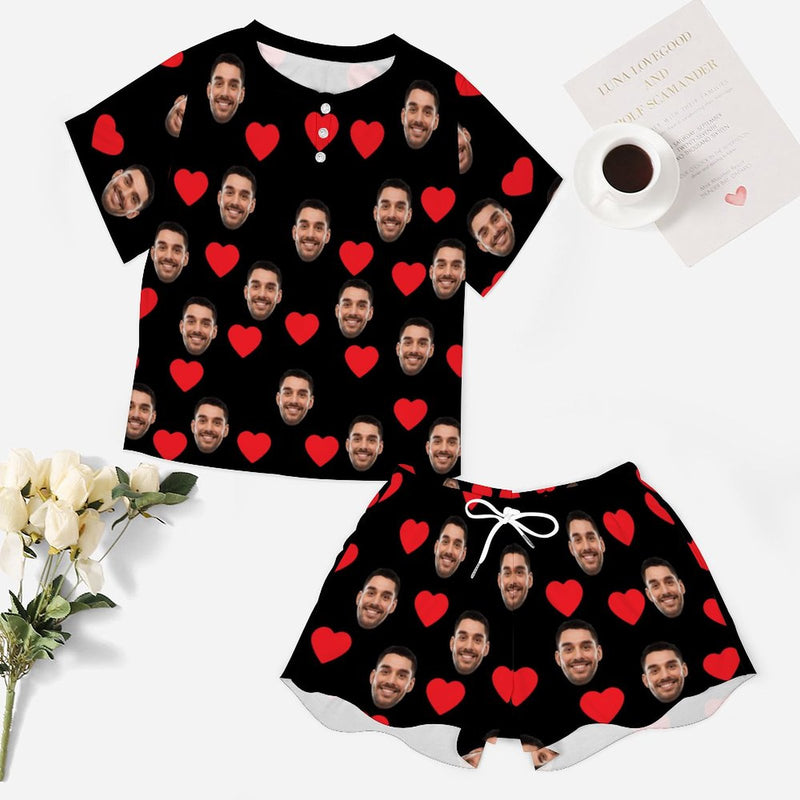 Custom Face Your Lover&Heart Print Pajama Set Women's Short Sleeve Top and Shorts Loungewear Athletic Tracksuits