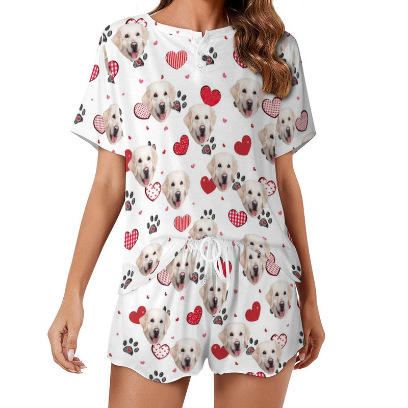 Custom Face  Various Love Heart Print Pajama Set Women's Short Sleeve Top and Shorts Loungewear Athletic Tracksuits