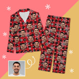 Custom Face Pajamas Black&Red Lattice Snowflake Sleepwear Personalized Women's Long Pajama Set