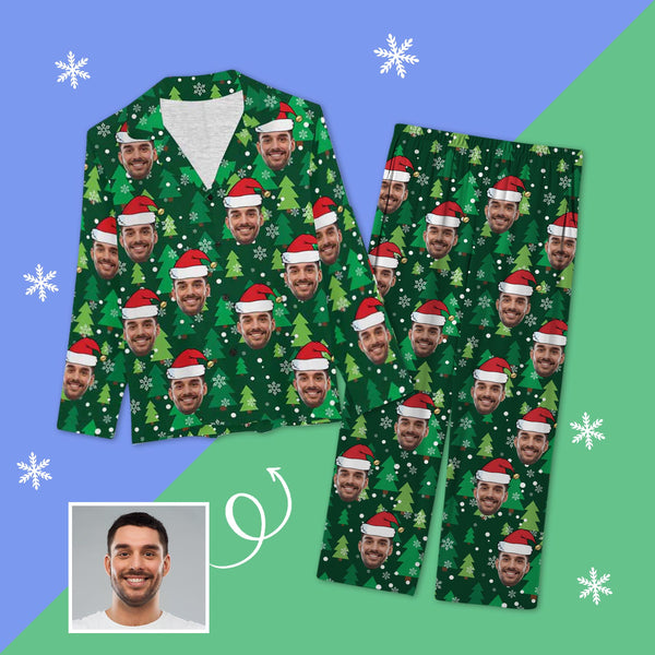 Custom Face Pajamas Christmas Tree Green Sleepwear Personalized Women's Long Pajama Set