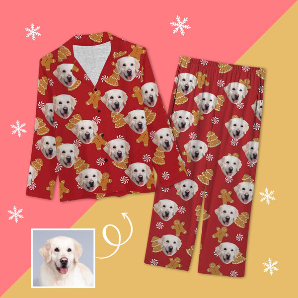 Custom Face Pajamas Cookie Red Sleepwear Personalized Women's Long Pajama Set