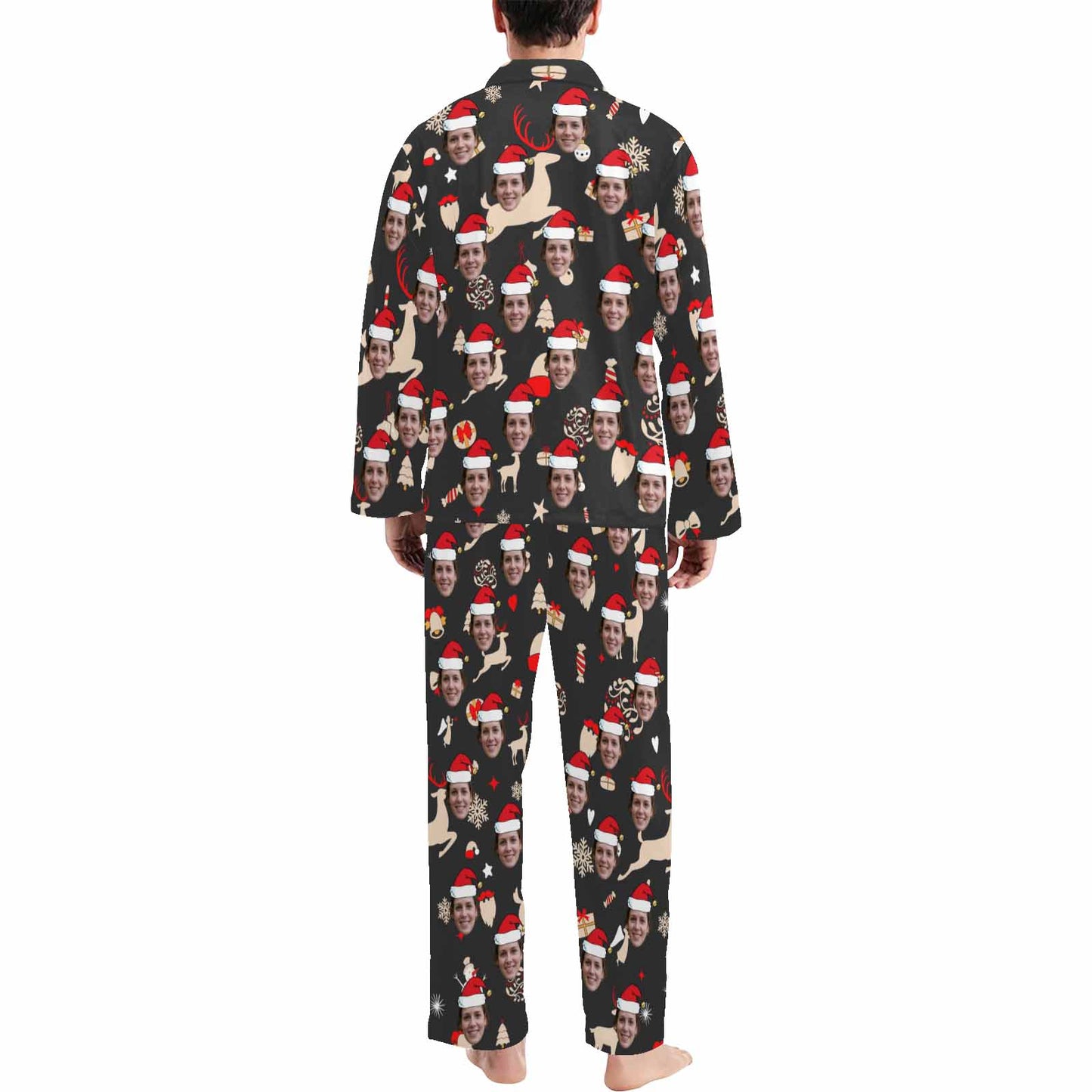 Custom Face Pajamas Elk&Gift Black Sleepwear Personalized Men's Long Pajama Set