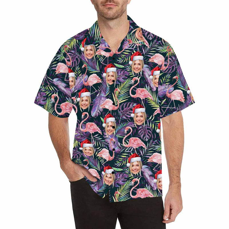 Custom Face Christmas Flamingo Men's All Over Print Hawaiian Shirt, Personalized Aloha Shirt With Photo Summer Beach Party As Gift for Vacation