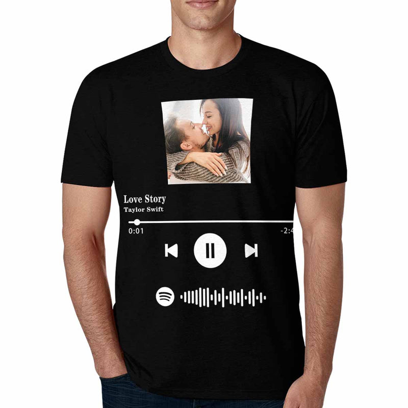 Custom Photo Love Story Black Scannable Spotify Code T-shirt Personalized Men's All Over Print T-shirt