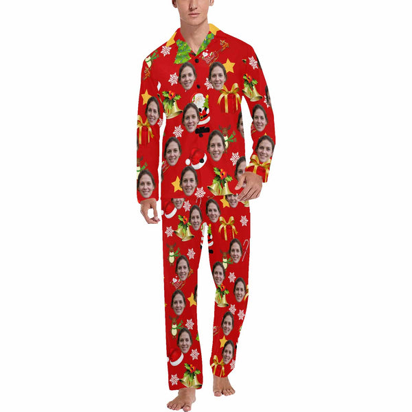 Custom Face Pajamas Bell&Gift Red Sleepwear Personalized Men's Long Pajama Set