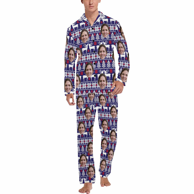 Custom Face Pajamas Christmas Tree&Elk Purple Sleepwear Personalized Men's Long Pajama Set