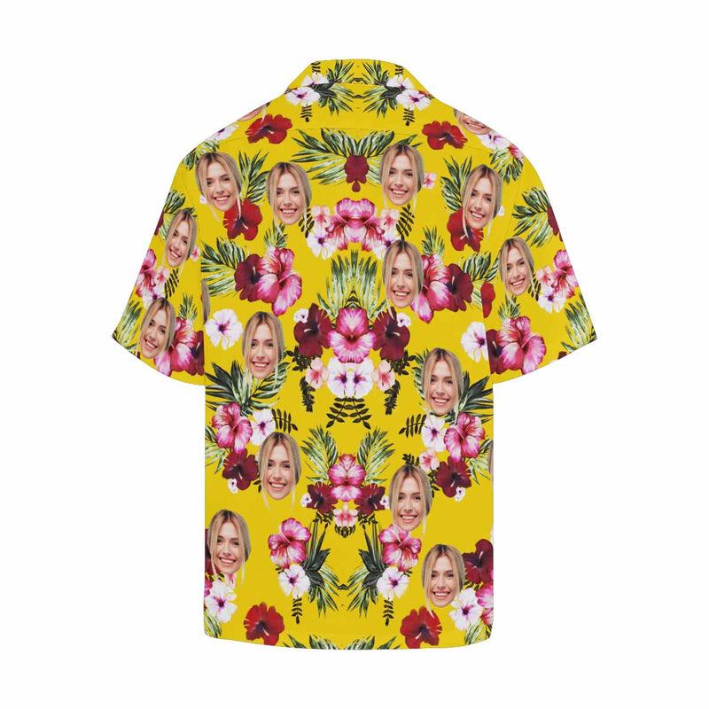 Custom Face Red Pink Flower Men's All Over Print Hawaiian Shirt, Personalized Aloha Shirt With Photo Summer Beach Party As Gift for Vacation