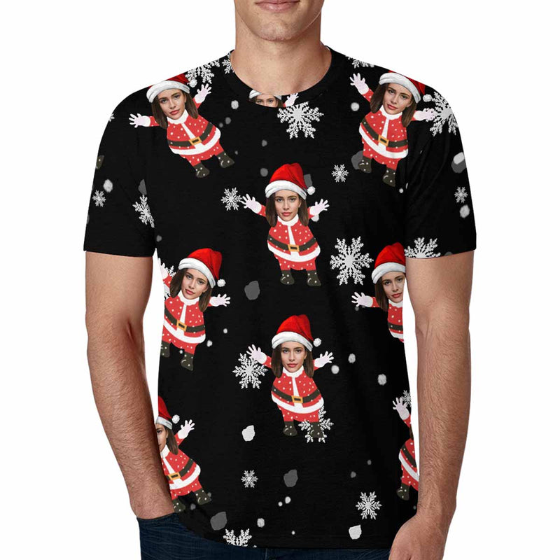 Custom Face White Snowflake Santa Christmas Tee Put Your Photo on Shirt Unique Design Men's All Over Print T-shirt