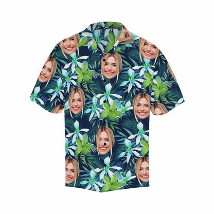 Custom Face Green Leaves Men's All Over Print Hawaiian Shirt, Personalized Aloha Shirt With Photo Summer Beach Party As Gift for Vacation