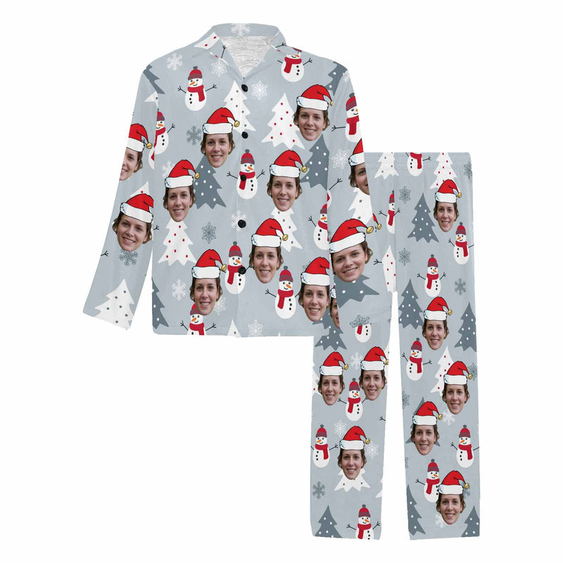 Custom Face Pajamas Snowmen&Tree Sleepwear Personalized Men's Long Pajama Set