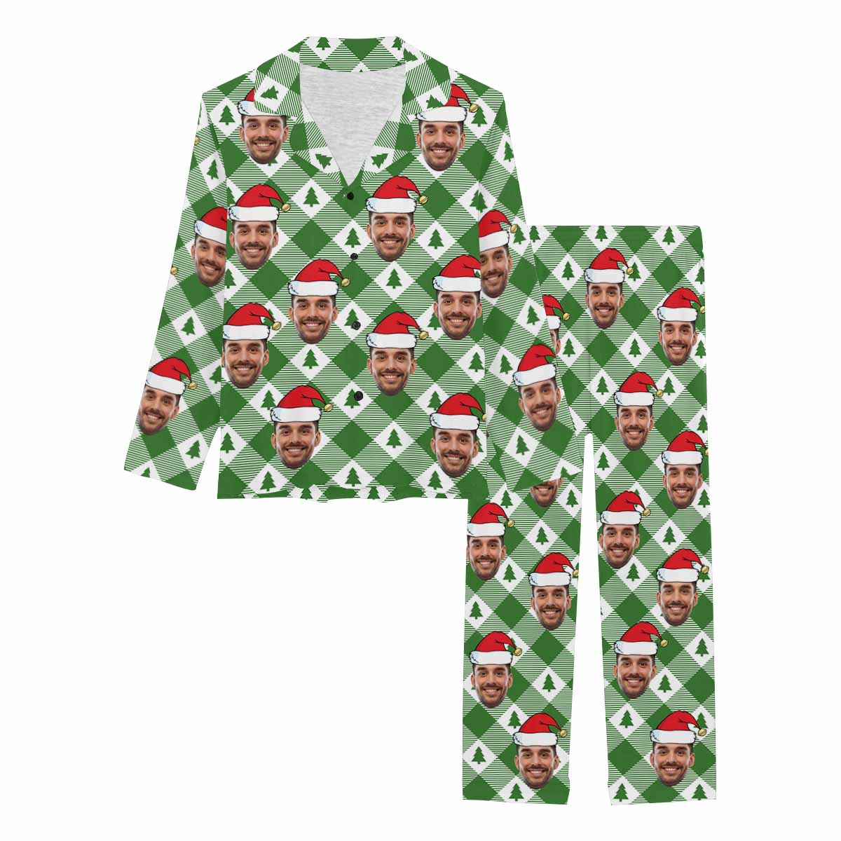 Custom Face Pajamas Green Rhombus Lattice Sleepwear Personalized Women's Long Pajama Set