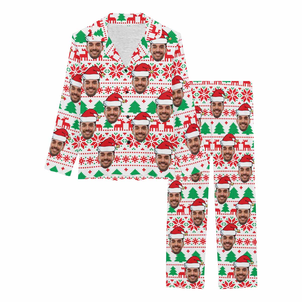 Custom Face Pajamas Green Tree&Red Snowflake Sleepwear Personalized Women's Long Pajama Set