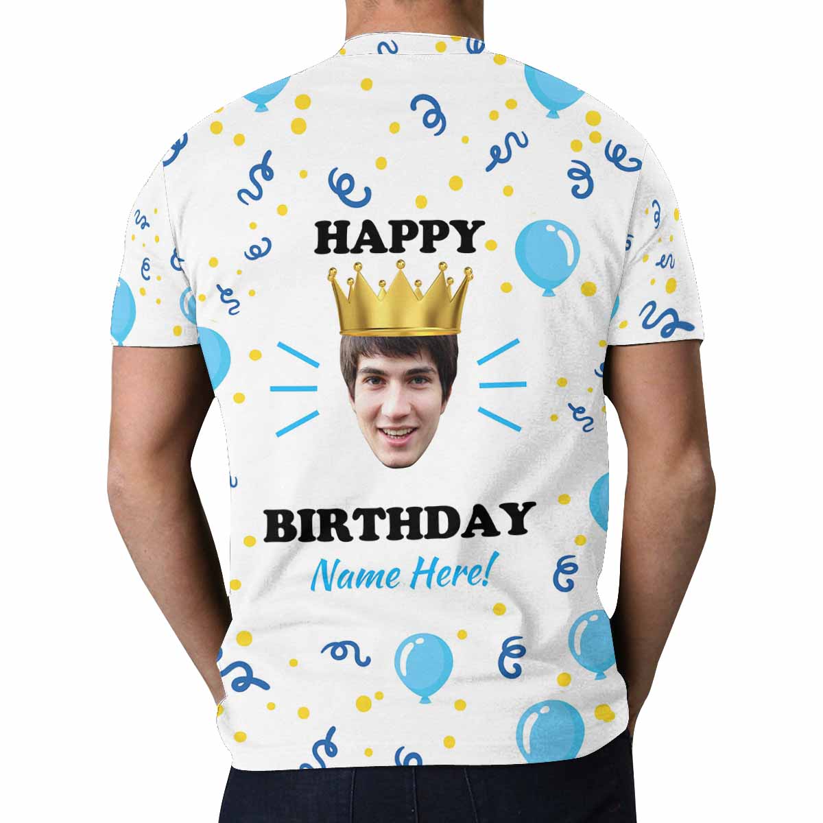 Custom Face&Name Happy Birthday Crown Tee Put Your Photo on Shirt Unique Design Men's All Over Print T-shirt