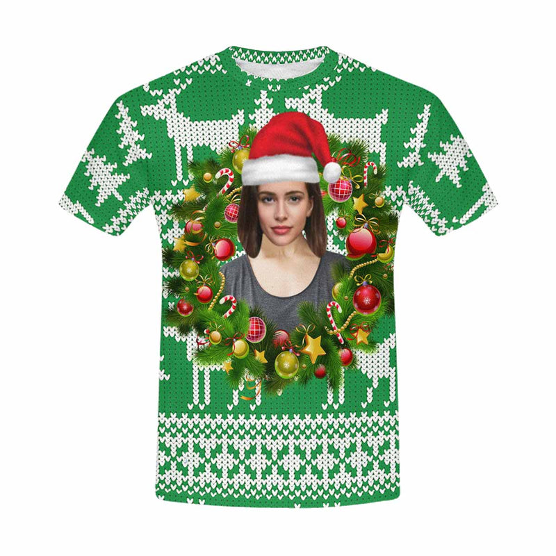 Custom Face Green Christmas Wreath Tee Put Your Photo on Shirt Unique Design Men's All Over Print T-shirt