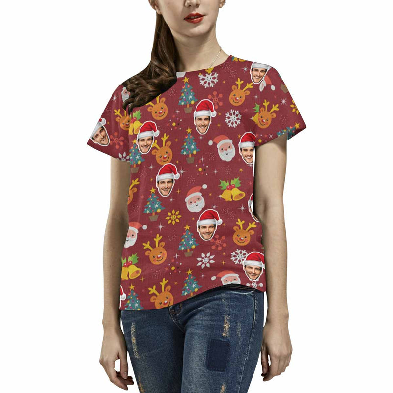 Custom Face Santa Deer Tree Women's All Over Print T-shirt