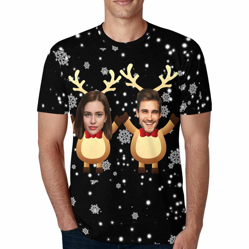 Custom Face Christmas Deer Tee Put Your Photo on Shirt Unique Design Men's All Over Print T-shirt