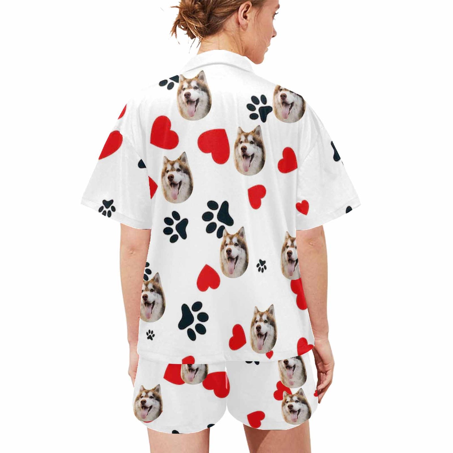 Custom Face Pet With Heart Loungewear Personalized Photo Sleepwear Women's V-Neck Short Pajama Set