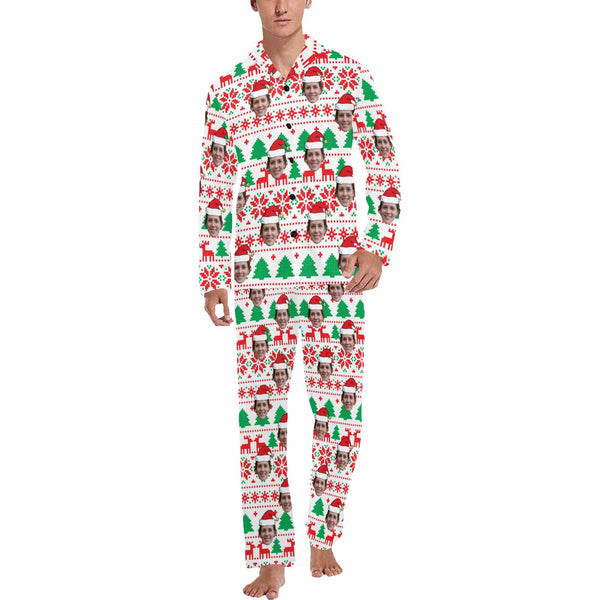 Custom Face Pajamas Mosaic Lattice&Green Tree Sleepwear Personalized Men's Long Pajama Set