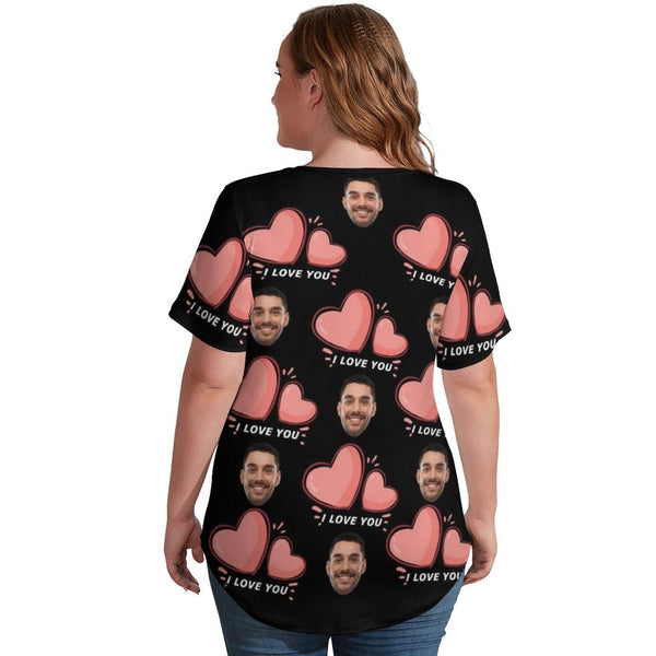 #Plus Size T-shirt-Custom Face Pink Love Plus Size V Neck T-shirt for Her Print Your Own Face on Shirt