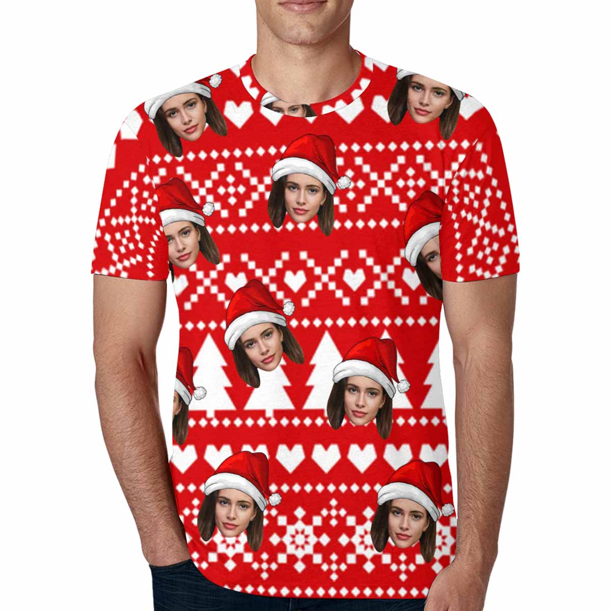 Custom Face  Christmas Tree White Love Tee Put Your Photo on Shirt Unique Design Men's All Over Print T-shirt