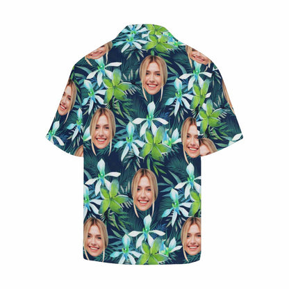 Custom Face Green Leaves Men's All Over Print Hawaiian Shirt, Personalized Aloha Shirt With Photo Summer Beach Party As Gift for Vacation