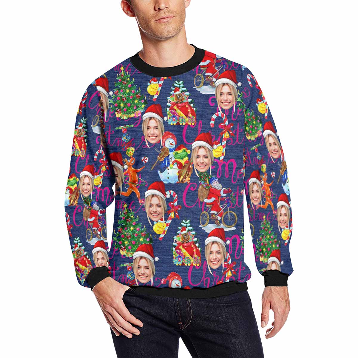 Personalized Christmas Tree With Face, Custom Photo Men's All Over Print Crewneck Sweatshirt