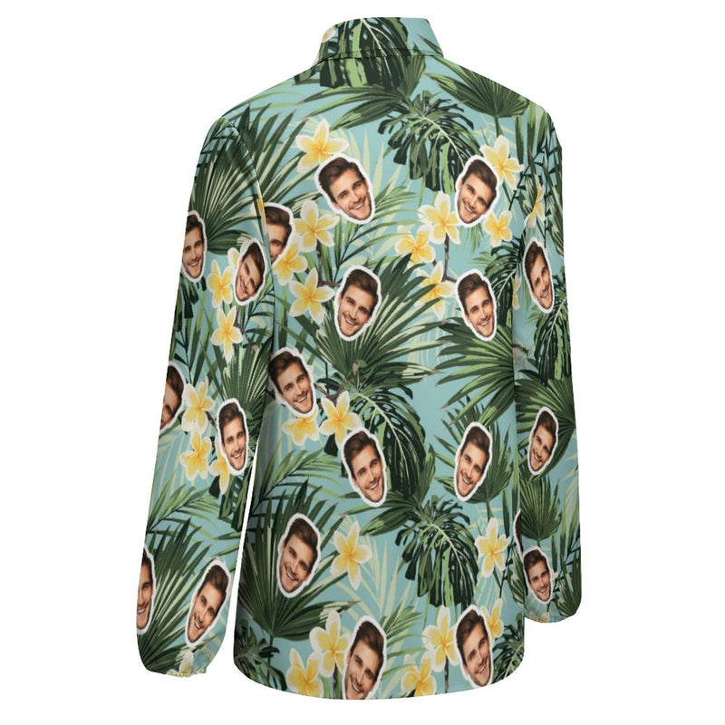Custom Face Green Leaves Vntage Casual Long Sleeve Hawaiian Shirts