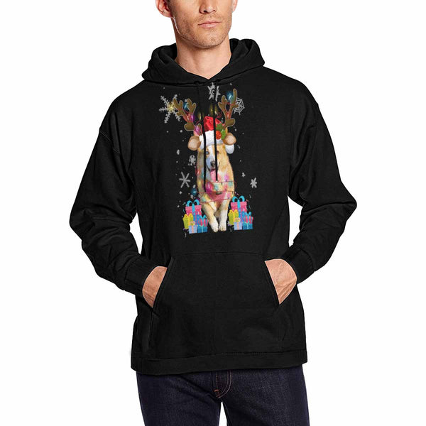 Printing Deer Horn Hoodie with Face, Custom Men's All Over Print Hoodie Surprise Gifts for Dad Husband Boyfriend