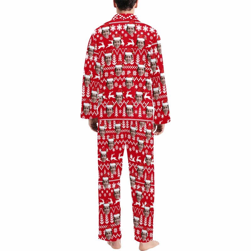 Custom Face Pajamas White Fir&Elk Red Sleepwear Personalized Men's Long Pajama Set