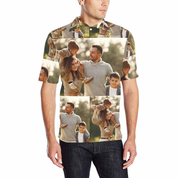 Custom Face Photomosaic Polo Shirt, Personalized Shirt for Men, Photo Men's All Over Print Polo Shirt