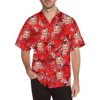 Custom Face Red Pineapple Men's All Over Print Hawaiian Shirt, Personalized Aloha Shirt With Photo Summer Beach Party As Gift for Vacation