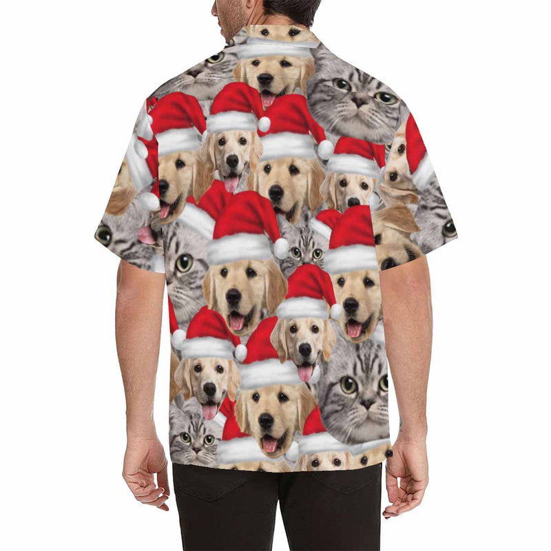 Custom Face Pet Red Christmas Hat Men's All Over Print Hawaiian Shirt