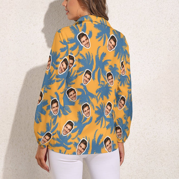 Custom Face Yellow Background Palm Tree Vntage Casual Long Sleeve Hawaiian Shirts