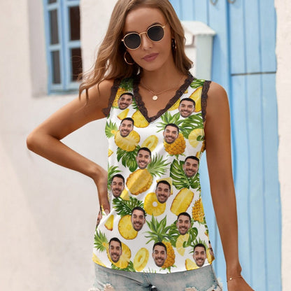 Custom Face Tops Yellow Pineapple Women's V-Neck Sleeveless Top