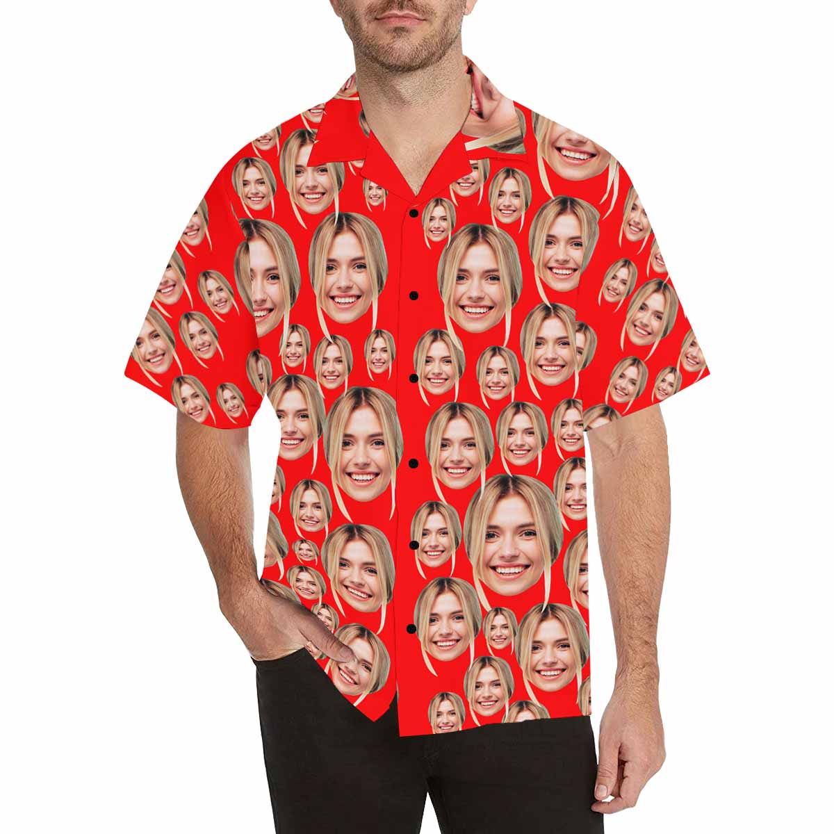 Custom Face Red Men's All Over Print Hawaiian Shirt, Personalized Aloha Shirt With Photo Summer Beach Party As Gift for Vacation