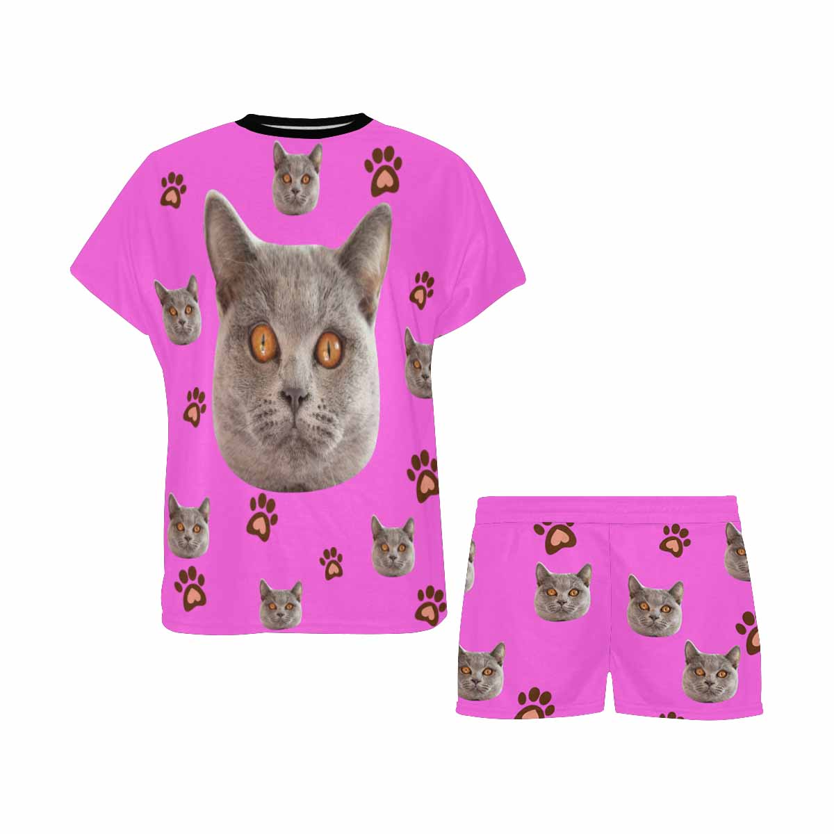 Custom Face Pajamas Lovely Cat Pink Sleepwear For Her Personalized Women's Short Pajama Set