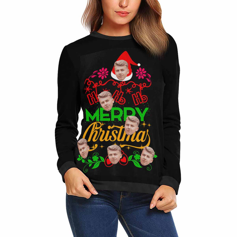 Custom Face Merry Christmas Women's All Over Print Crewneck Sweatshirt, Personalized Sweater With Photo