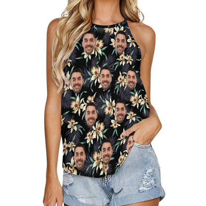 Custom Face Tops Tropical Flowers Black Halterneck Strapless Print Vest Shirt Women's Loose Tank Tops for Holiday