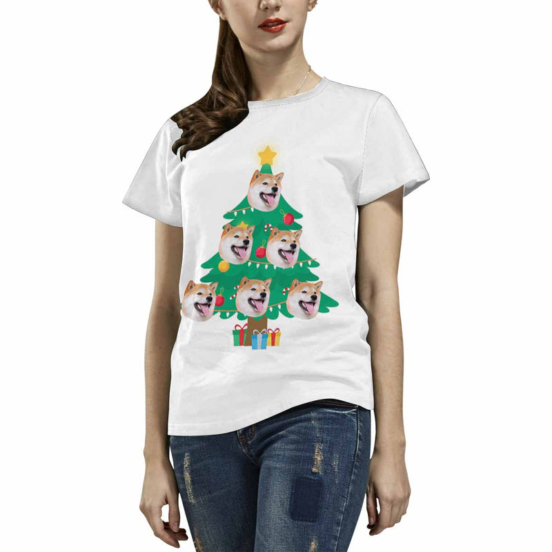 Custom Face Christmas Tree Tee Put Your Photo on Shirt Unique Design Women's All Over Print T-shirt