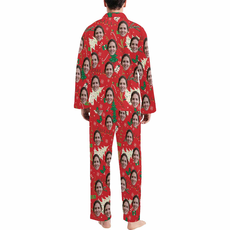 Custom Face Pajamas Green Tree Red Sleepwear Personalized Men's Long Pajama Set