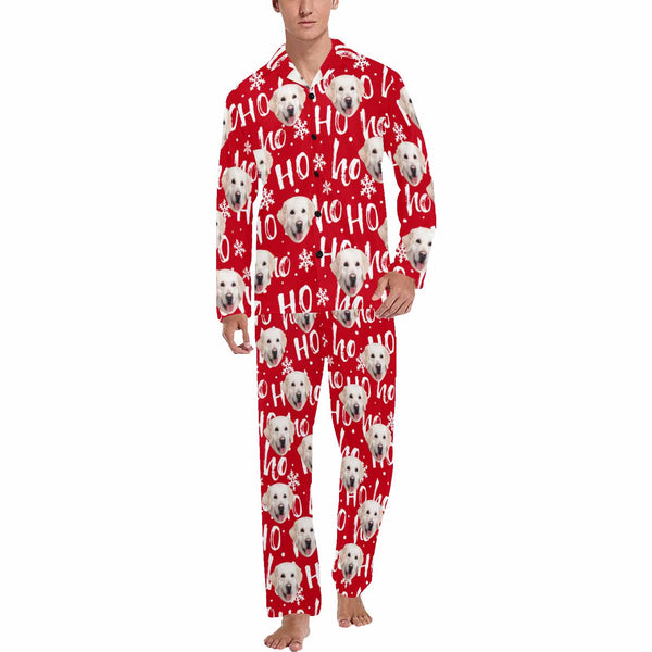 Custom Face Pajamas Ho&Snowflake Red Sleepwear Personalized Men's Long Pajama Set