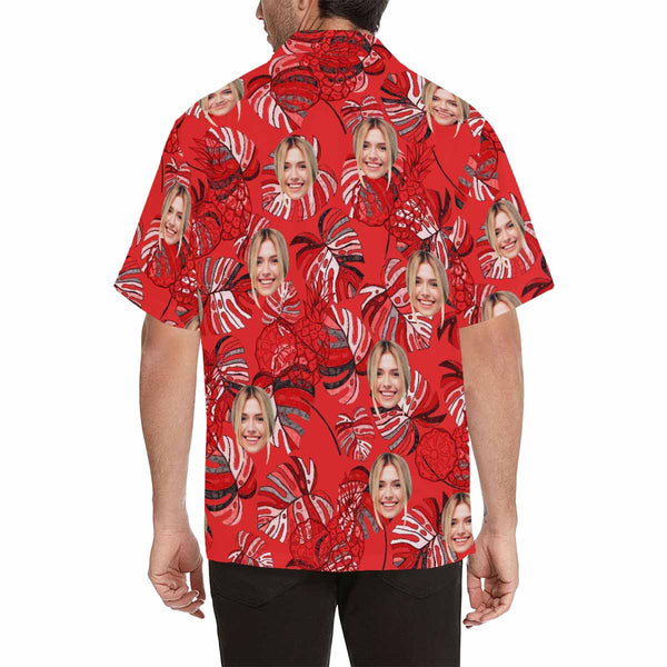 Custom Face Red Pineapple Men's All Over Print Hawaiian Shirt, Personalized Aloha Shirt With Photo Summer Beach Party As Gift for Vacation