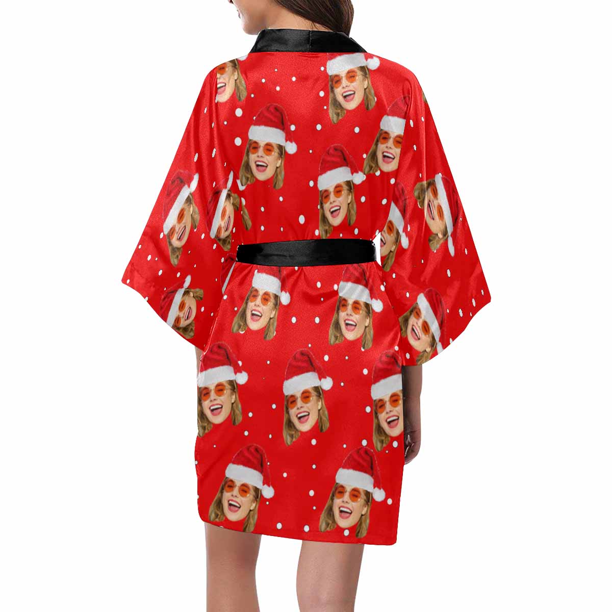 Custom Face Christmas Hat Red Women's Short Pajama Kimono Robe