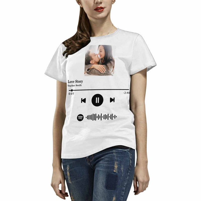 Custom Photo Love Story White Scannable Spotify Code T-shirt Personalized Women's All Over Print T-shirt
