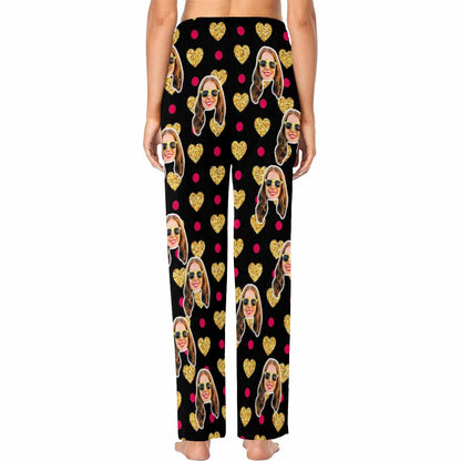 Custom Face Yellow Heart Sleepwear Personalized Women's Slumber Party Long Pajama Pants