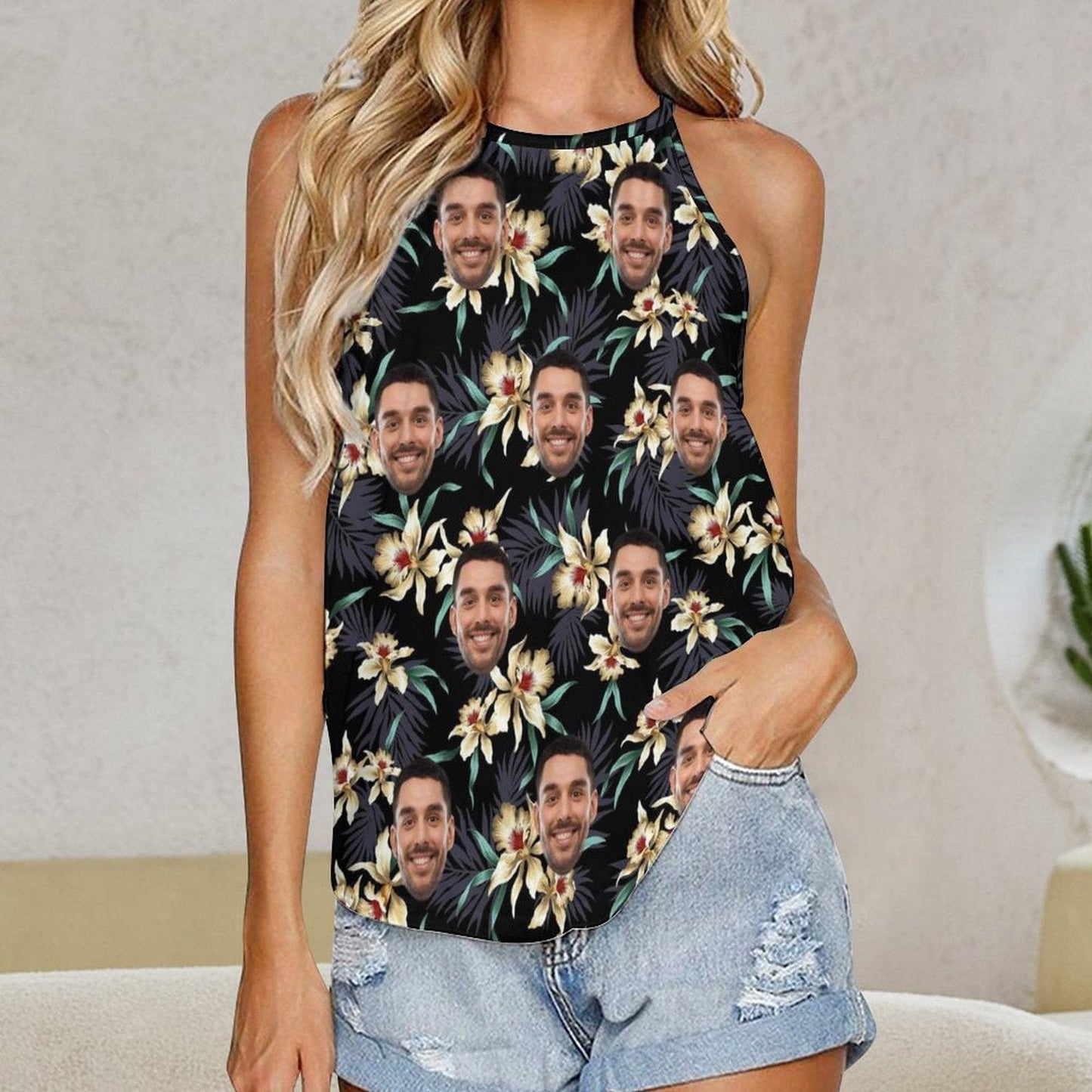 Custom Face Tops Tropical Flowers Black Halterneck Strapless Print Vest Shirt Women's Loose Tank Tops for Holiday